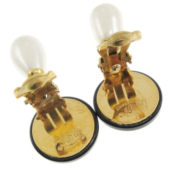 Chanel Artificial Pearl Dangle Earrings Clip-On Black 96P 28573 - Picture 3 of 5